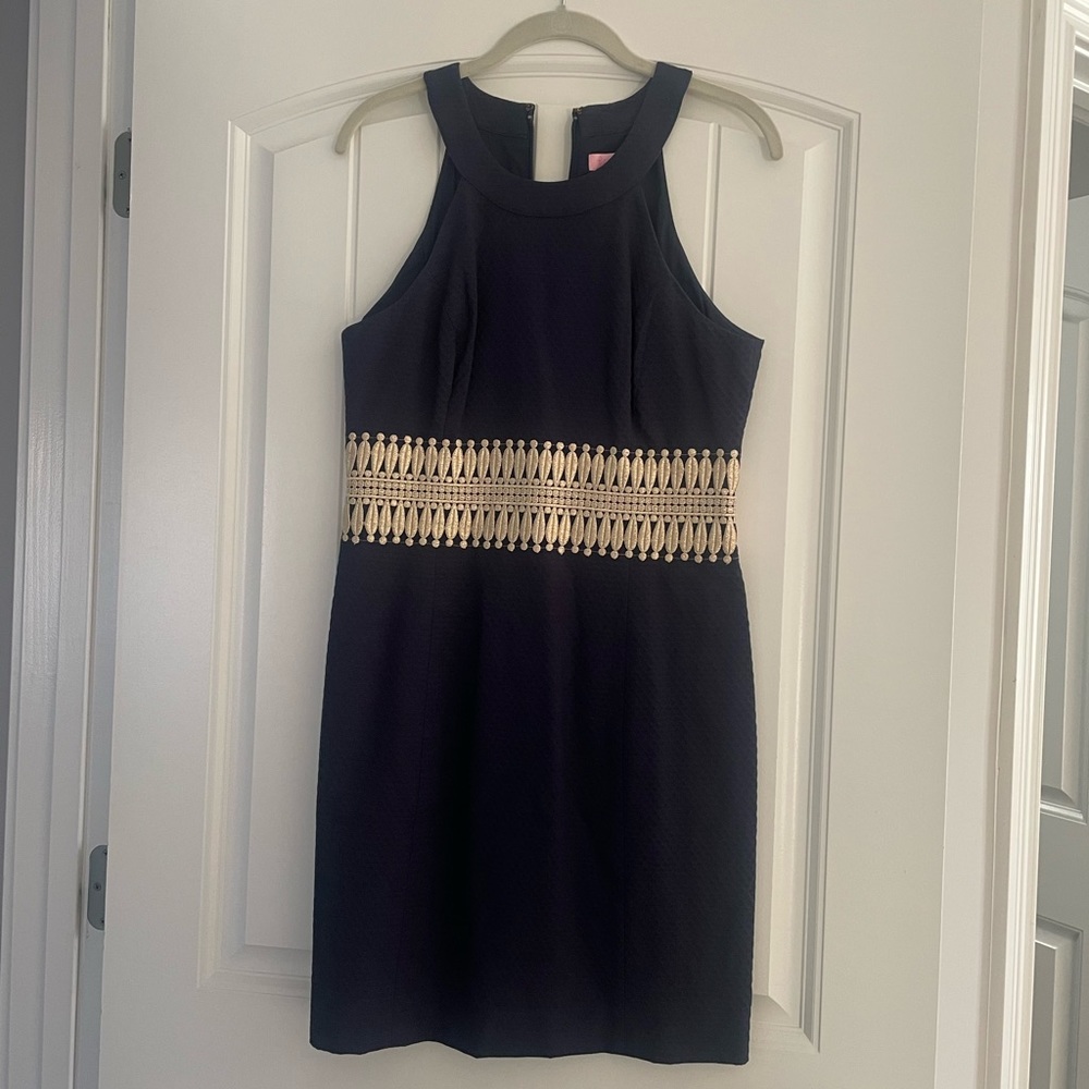 Lilly Pulitzer Ashlyn True Navy Blue Shift Gold Waist Halter Mini Dress - Picture 5 of 5